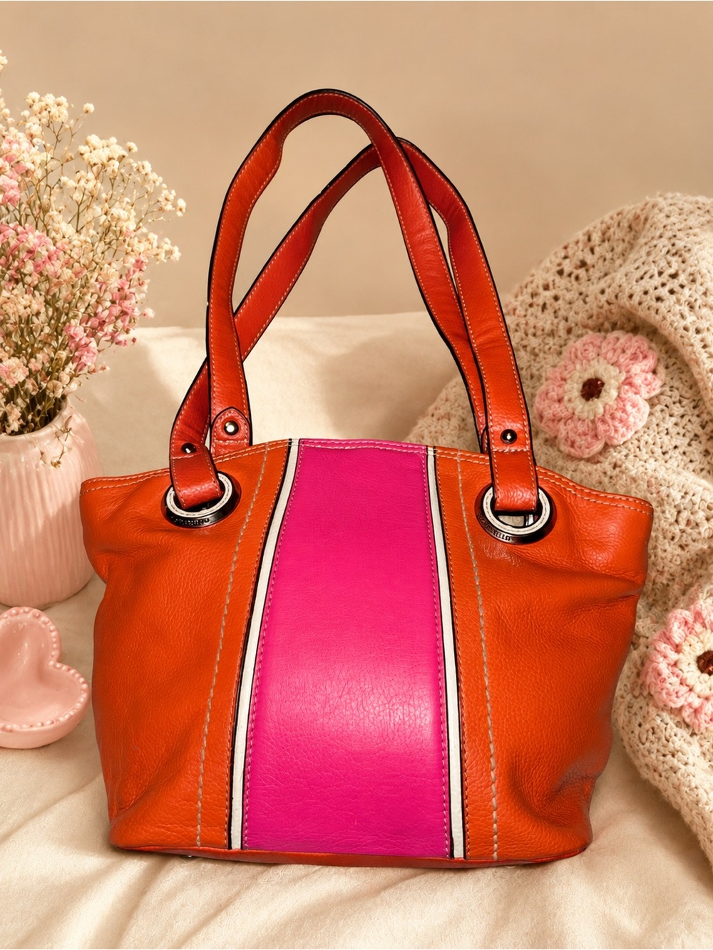 Tignanello Orange Pebbled Leather Tote Hot Pink Colorblock Shoulder Bag